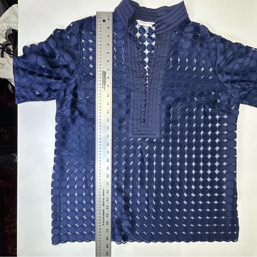 Trina Turk Blue Bianca Oversized Blouse w/Cuffs & Mandarin Collar.  XL, EUC! - Picture 4 of 11